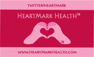 heart hand trademark logo and follow on twitter for HeartMark Health by Planet Heart